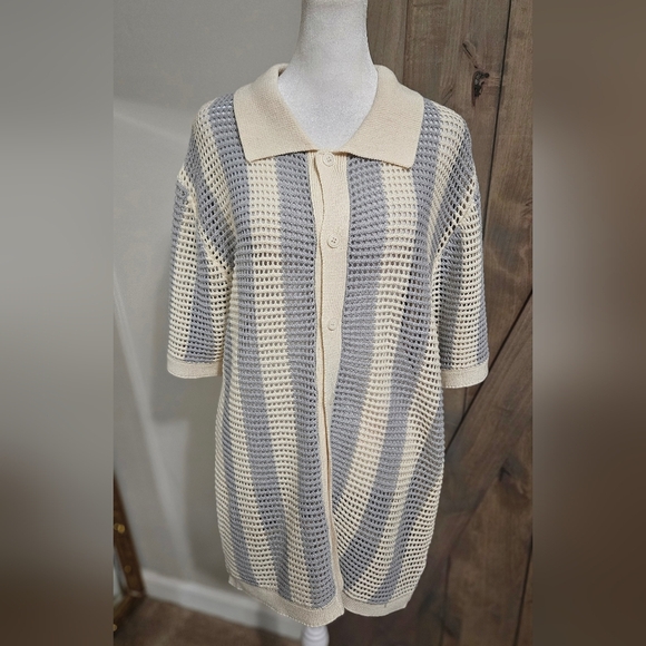 MASSIVE LUXURY Crochet OpenKnit ShortSleeve Button Shirt.Blue/cream Stripe L NWT - Picture 7 of 12